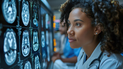 A doctor is intently studying a series of brain scans on a monitor. Her focused expression suggests she is looking for abnormalities or signs of a condition.  