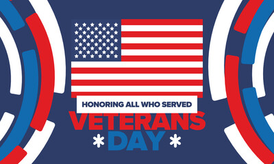 Veterans Day in United States. Federal holiday, celebrated annual in November 11. Honoring all who served. Patriotic american military concept. Poster, card, banner and background. Vector illustration