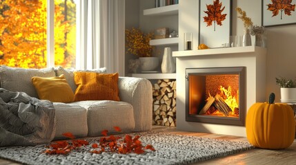 Cozy Home Interior A cozy living room with autumn decor and a warm fireplace,