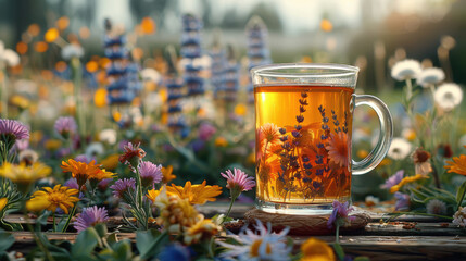A glass mug of herbal tea sits on a wooden surface surrounded by a field of wildflowers. The tea is a golden amber color and has sprigs of lavender and other flowers pressed into the glass. T