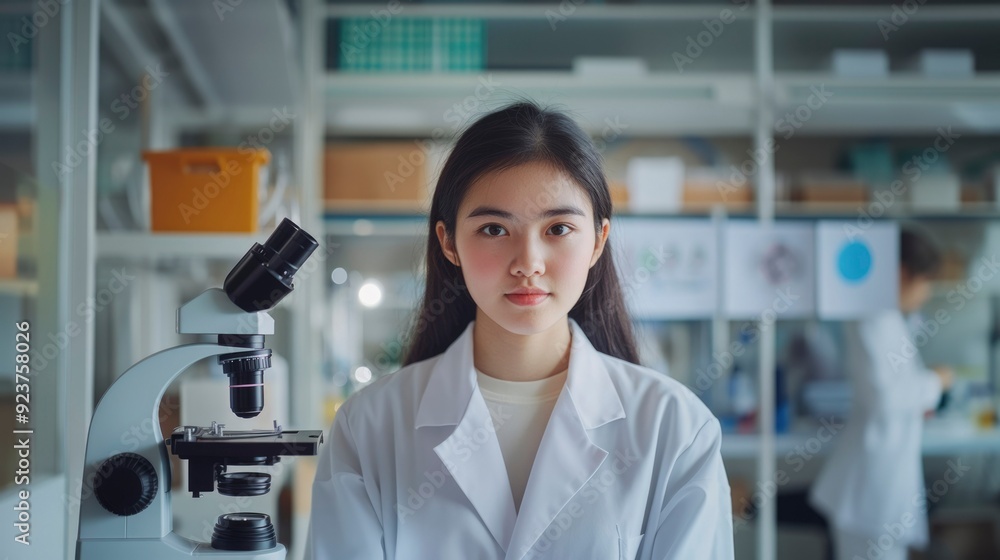 Poster female scientist in a lab with a microscope