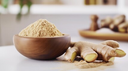 Fototapeta premium Close-up of a wooden bowl with fine ginger powder and fresh raw ginger root on a clean white table for culinary and home remedy preparations