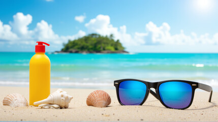 Obraz premium Sunglasses and sunscreen bottle on a sandy beach, with seashells scattered around, overlooking turquoise water and a distant green hill.