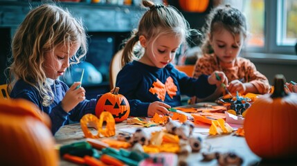 Fototapeta premium Spooky Fun: Kids Enjoying Halloween Crafts at a Festive Crafting Table