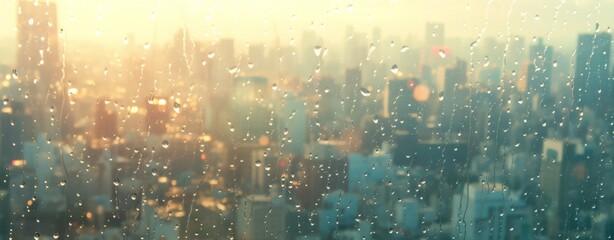 Fototapeta premium Raindrops streaking down a window, capturing the blurred silhouettes of city buildings behind