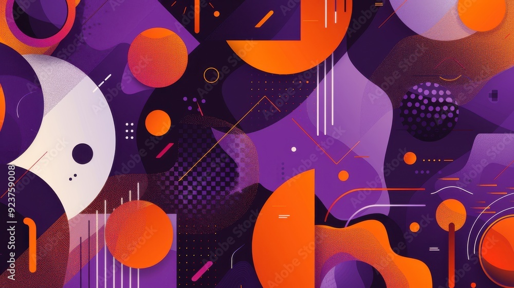 Aufkleber digital abstract with various geometric shapes and patterns, featuring a color palette of purple, or