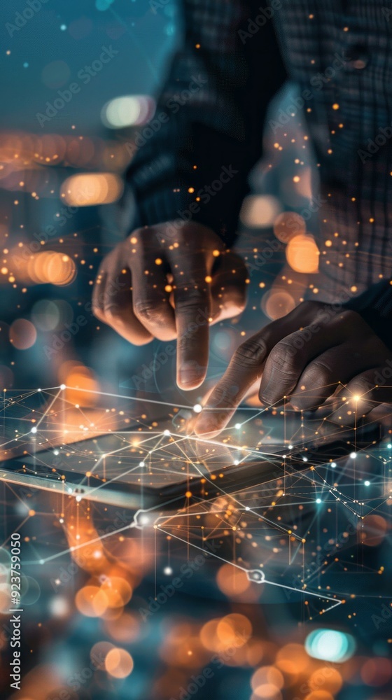 Poster fingers dance over a glowing touchscreen, illuminating a web of connections amidst a dynamic urban l