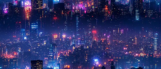 Fototapeta premium A bustling city at night with most buildings dimly lit to conserve energy, only a few windows glowing brightly, vibrant urban scene, cyberpunk style, high detail