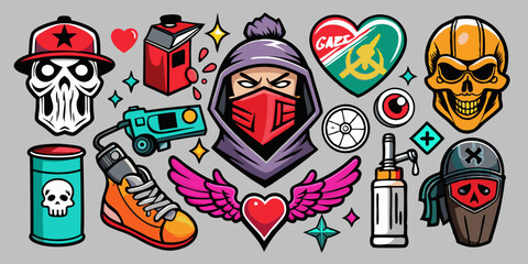 Street spray graffiti element set, grunge sticker kit balaclava, vector retro urban ghetto print. Gangster tattoo kit, underground can Greek sculpture head, heart, angel, blade, gun. Street graffiti