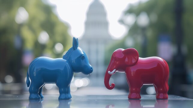 Blue donkey and red elephant figurines facing each other with U.S. Capitol building in background, symbolizing political parties in the United States