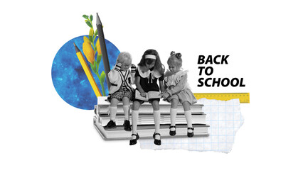 Poster. Contemporary art collage. Three girls, classmates, sitting on stack of books and doing homework against cosmic backdrop. Concept of knowledge, education, back to school, study. Ad.