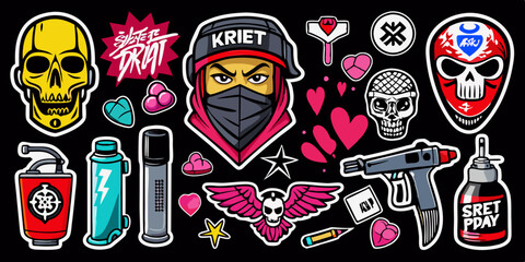 Street spray graffiti element set, grunge sticker kit balaclava, vector retro urban ghetto print. Gangster tattoo kit, underground can Greek sculpture head, heart, angel, blade, gun. Street graffiti