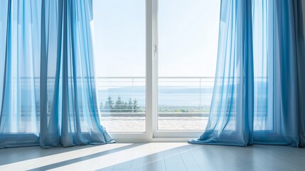 Elegant blue curtains by the open door with a view of the sea and mountains in the morning sun, creating a peaceful and serene atmosphere © Bonsales