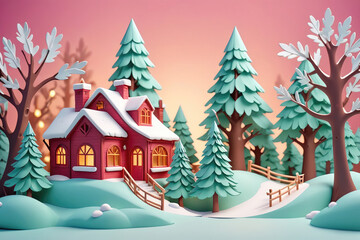 Obraz premium Charming Snow-Covered Cottage Nestled Among Evergreen Trees at Twilight