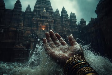 epic scene of great flood waters engulfing ancient city with divine hand reaching down from parting storm clouds to offer salvation