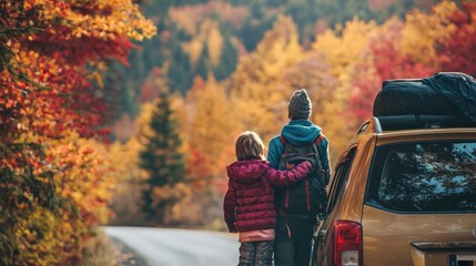 Fall Foliage Adventure: Family Packed for Autumn Road Trip Among Vibrant Trees