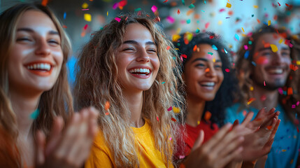 Group of happy individuals standing in a circle, clapping and smiling at each other, their celebration of victory highlighted by colorful confetti.