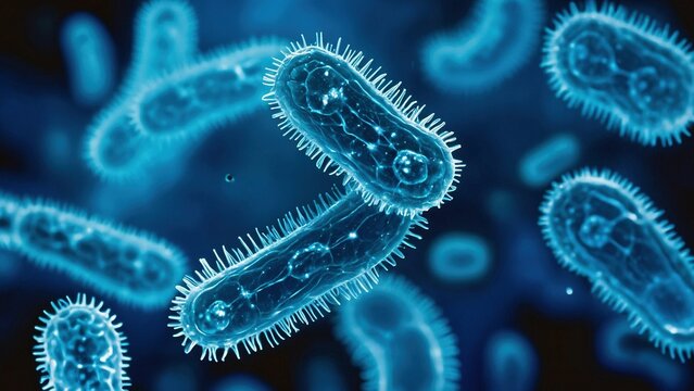 A bright close up microscopic photo of tuberculosis in black and blue color palette. Bacteria microphotography healthcare or science concept. Colorful macro illustration of monkeypox virus concept.