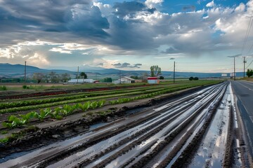 Fototapeta premium Muddy Road with Tire Tracks Reflecting Cloudy Sky.