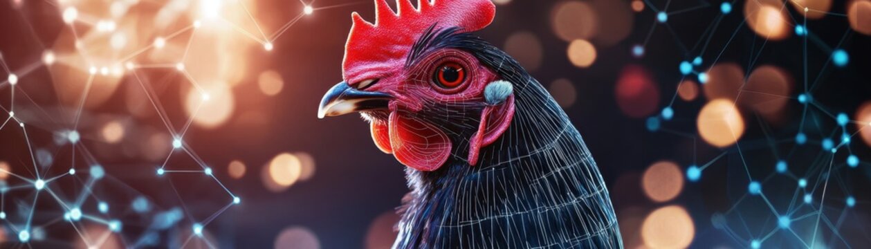 Futuristic AI Technology in Smart Poultry Farm with Dynamic Background, Copy Space for Text.