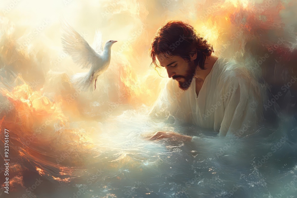 Wall mural ethereal baptism scene with jesus submerged in shimmering water surrounded by radiant light and descending dove renaissanceinspired digital painting