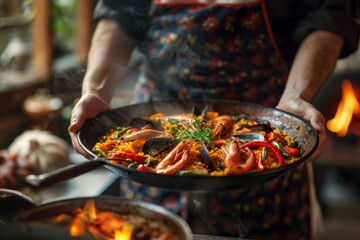 chef's hands holding traditional spanish paella in authentic style and traditional utensils