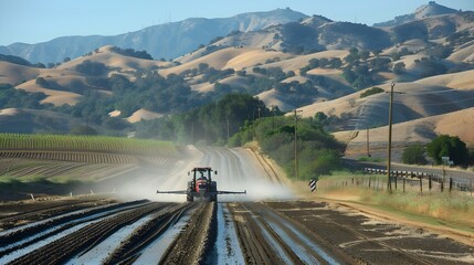 Tractor spraying irrigation in a field.