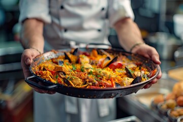 chef's hands holding traditional spanish paella in authentic style and traditional utensils