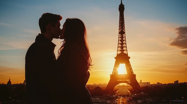 Romantic Parisian Kiss - Couple Embracing in Front of Eiffel Tower, Symbolizing Love and Passion