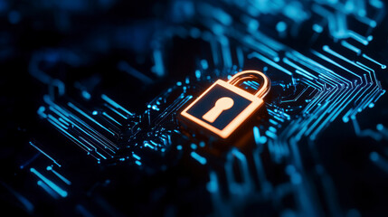 A glowing padlock icon on a digital circuit board, symbolizing cybersecurity, data protection, and secure technology infrastructure.