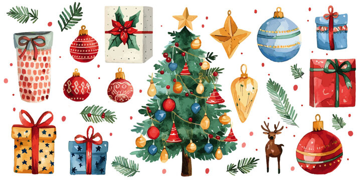 Festive watercolor illustration of a Christmas tree surrounded by ornaments, wrapped gifts, and holiday decorations on a white background. Watercolor Christmas tree with ornaments and gifts

