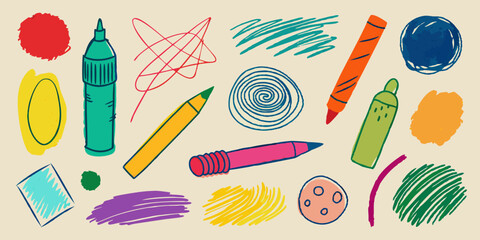 Crayon doodle scribble set, vector brush stroke chalk lines marks kit, color pencil texture mess. Children hand drawn sketch kit kid marker scratch grunge graphic decor. Pen doodle scribble collection