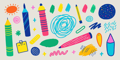 Crayon doodle scribble set, vector brush stroke chalk lines marks kit, color pencil texture mess. Children hand drawn sketch kit kid marker scratch grunge graphic decor. Pen doodle scribble collection
