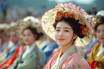 Portrait of a North Korean Woman in Traditional Attire Celebrating a Festival Outdoors. Capturing the Beauty and Pride of North Korean Culture During a Joyous Occasion. A Reflection of Ethnic Heritage