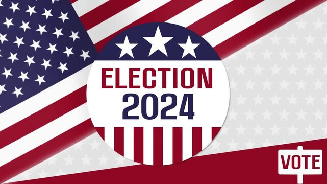 Presidential election 2024 usa. Waving stars and stripes flag background with round badge, button and text.  Call to vote. Animated motion video.