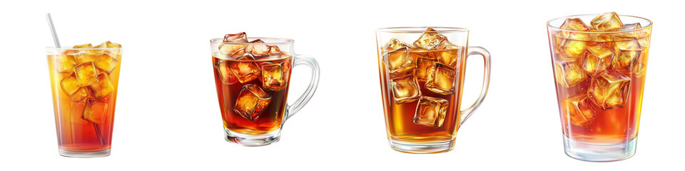 Refreshing iced tea in various glasses, perfect for summer or hydration. Cool down with this delightful beverage choice.