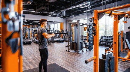 Obraz premium Embracing Fitness Trends: Active Person Utilizing Fitness Equipment in Modern Gym