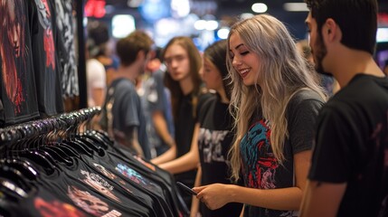 Excited Fans Shopping for Iconic Concert Merchandise at Music Event, Embracing the Music Culture