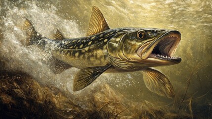 Fototapeta premium A dynamic underwater scene showcasing an American pickerel (Esox americanus) in mid-attack. Its sharp teeth and streamlined body are clearly visible as it lunges towards its prey.