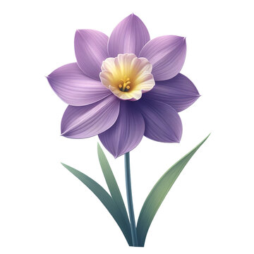 recommend clip art: Purple daffodil flower with green leaves on transparent background.