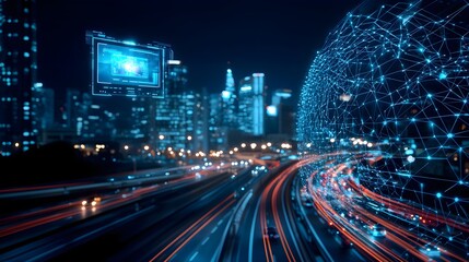 Fototapeta premium A futuristic city with holographic entertainment displays and intelligent AI traffic management