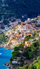 Touristic Town, Positano, on Rocky Cliffs and Mountain Landscape by the Tyrrhenian Sea. Amalfi Coast, Italy.