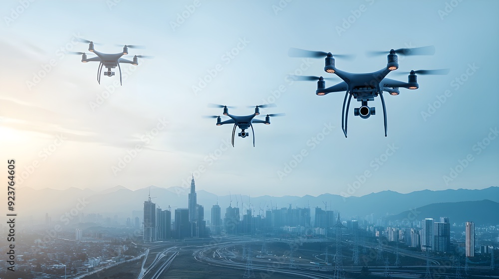 Poster a high-tech urban landscape with self-sustaining power grids and autonomous drones patrolling the sk
