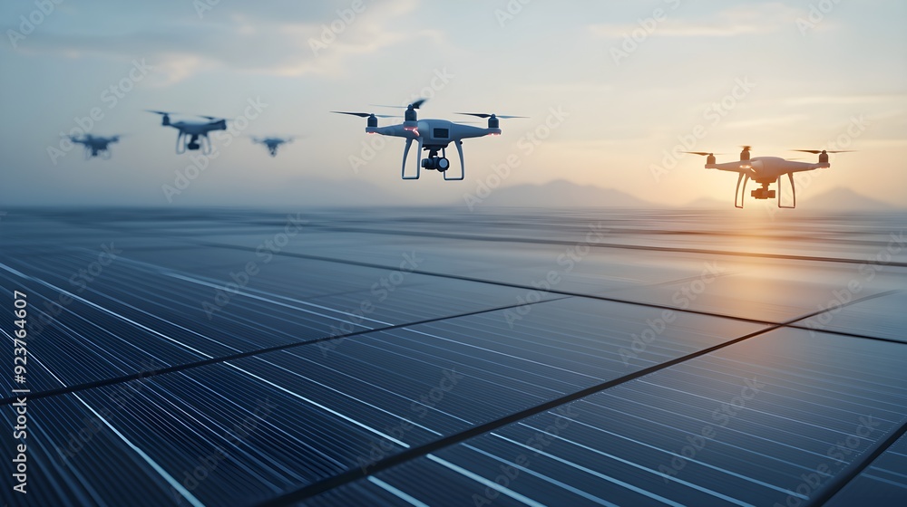 Poster a high-tech urban landscape with self-sustaining power grids and autonomous drones patrolling the sk