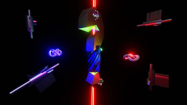16 seconds of  moving mechanical spinning question mark on vertical axis and knots with lasers on black background DJ visualizer HD video 