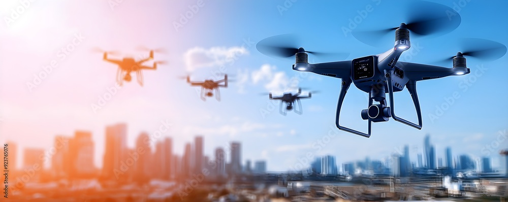 Poster a high-tech urban landscape with self-sustaining power grids and autonomous drones patrolling the sk