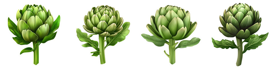 Fototapeta premium Four vibrant artichokes displayed, showcasing various stages of growth. Perfect for culinary or botanical themes.
