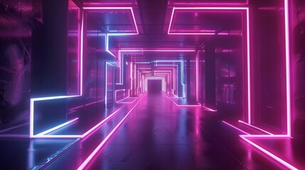 A futuristic hallway with neon lights in pink and blue.