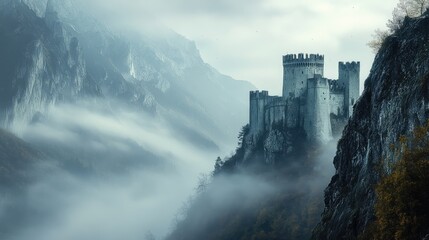 Naklejka premium A misty morning scene of a fortress built into a cliffside, with rugged mountains and fog enveloping the landscape.