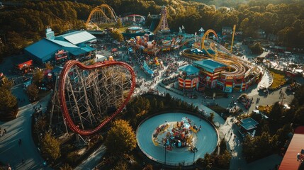 A panoramic view of an amusement park with a roller coaster winding through the scene, capturing the scale and excitement.